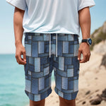 Blue Denim Patchwork Pattern Print Men's Cargo Shorts