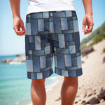 Blue Denim Patchwork Pattern Print Men's Cargo Shorts