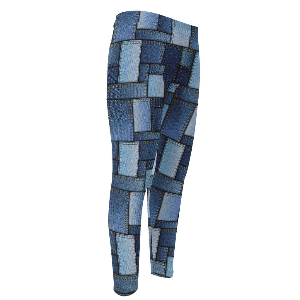 Blue Denim Patchwork Pattern Print Men's Compression Pants