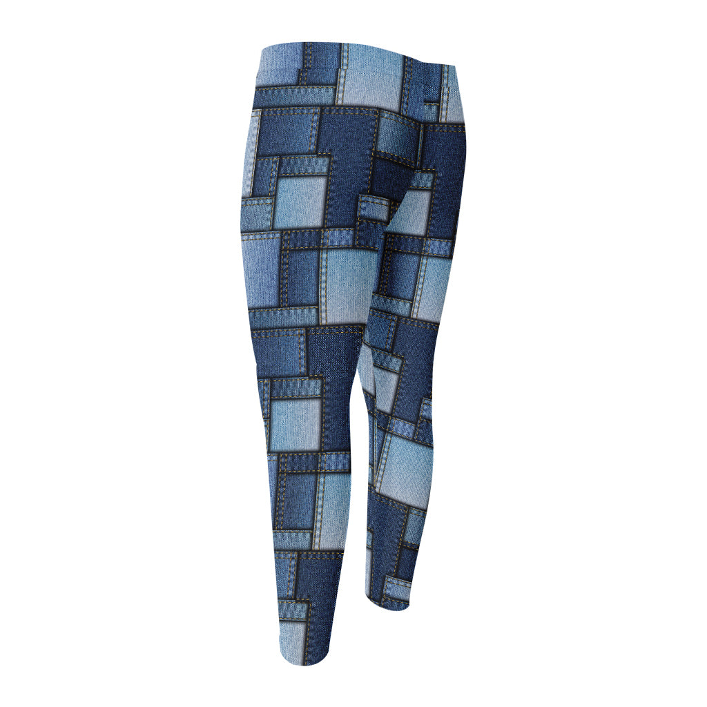 Blue Denim Patchwork Pattern Print Men's Compression Pants