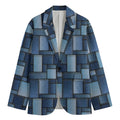Blue Denim Patchwork Pattern Print Men's Cotton Blazer