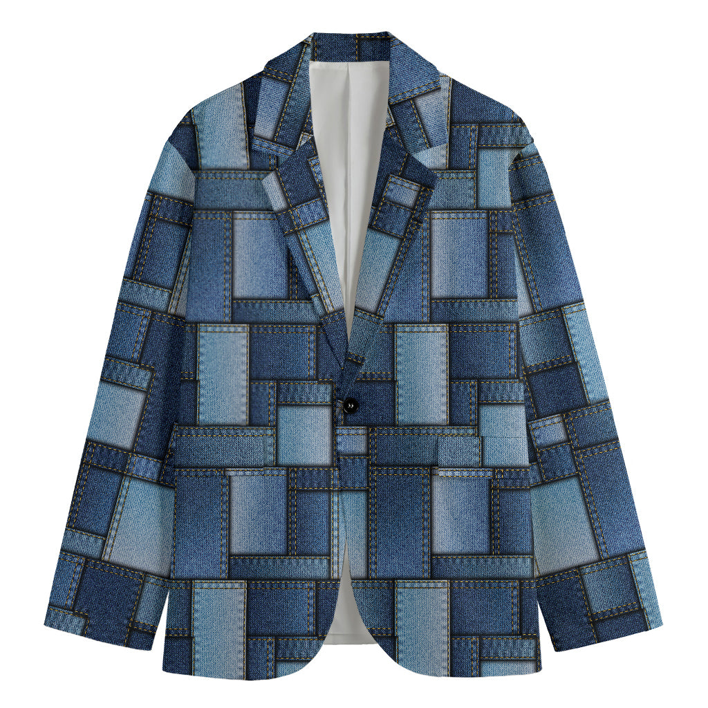 Blue Denim Patchwork Pattern Print Men's Cotton Blazer