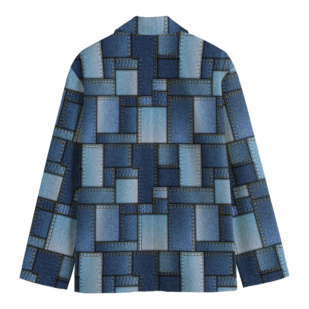 Blue Denim Patchwork Pattern Print Men's Cotton Blazer