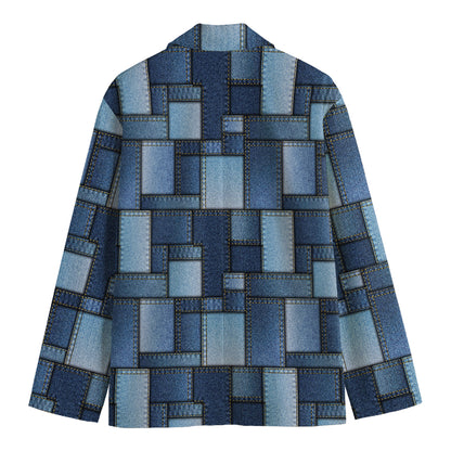 Blue Denim Patchwork Pattern Print Men's Cotton Blazer
