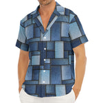 Blue Denim Patchwork Pattern Print Men's Deep V-Neck Shirt