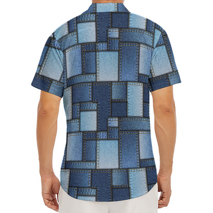 Blue Denim Patchwork Pattern Print Men's Deep V-Neck Shirt