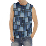 Blue Denim Patchwork Pattern Print Men's Fitness Tank Top
