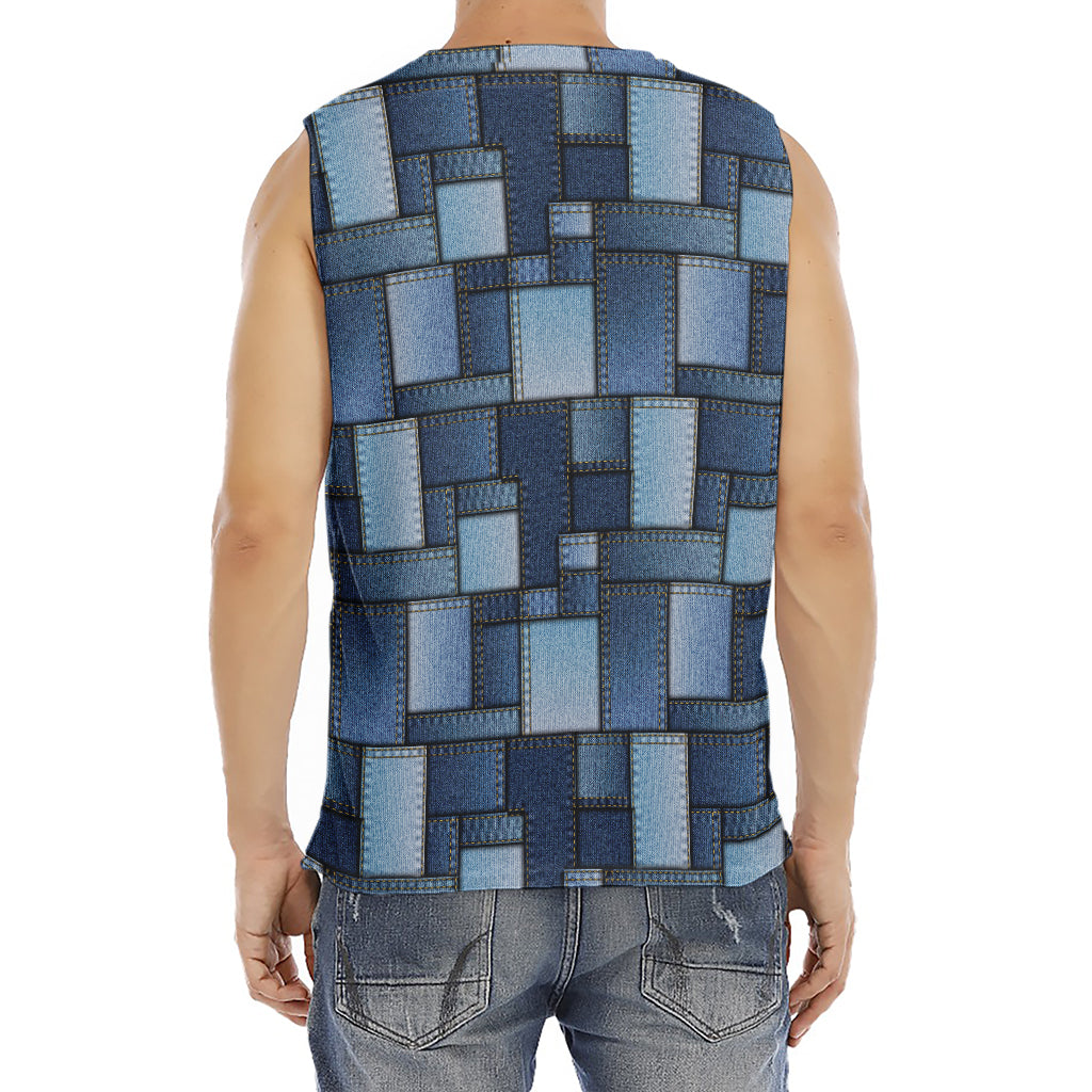 Blue Denim Patchwork Pattern Print Men's Fitness Tank Top