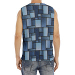 Blue Denim Patchwork Pattern Print Men's Fitness Tank Top