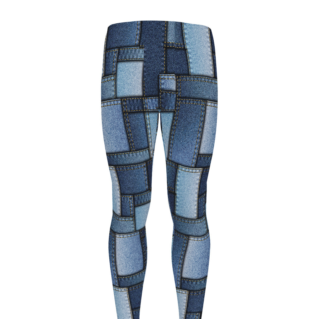 Blue Denim Patchwork Pattern Print Men's leggings