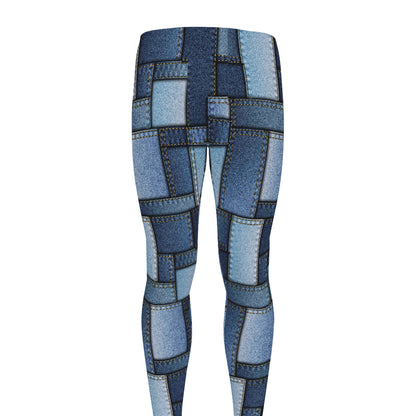 Blue Denim Patchwork Pattern Print Men's leggings