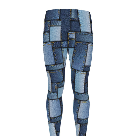 Blue Denim Patchwork Pattern Print Men's leggings