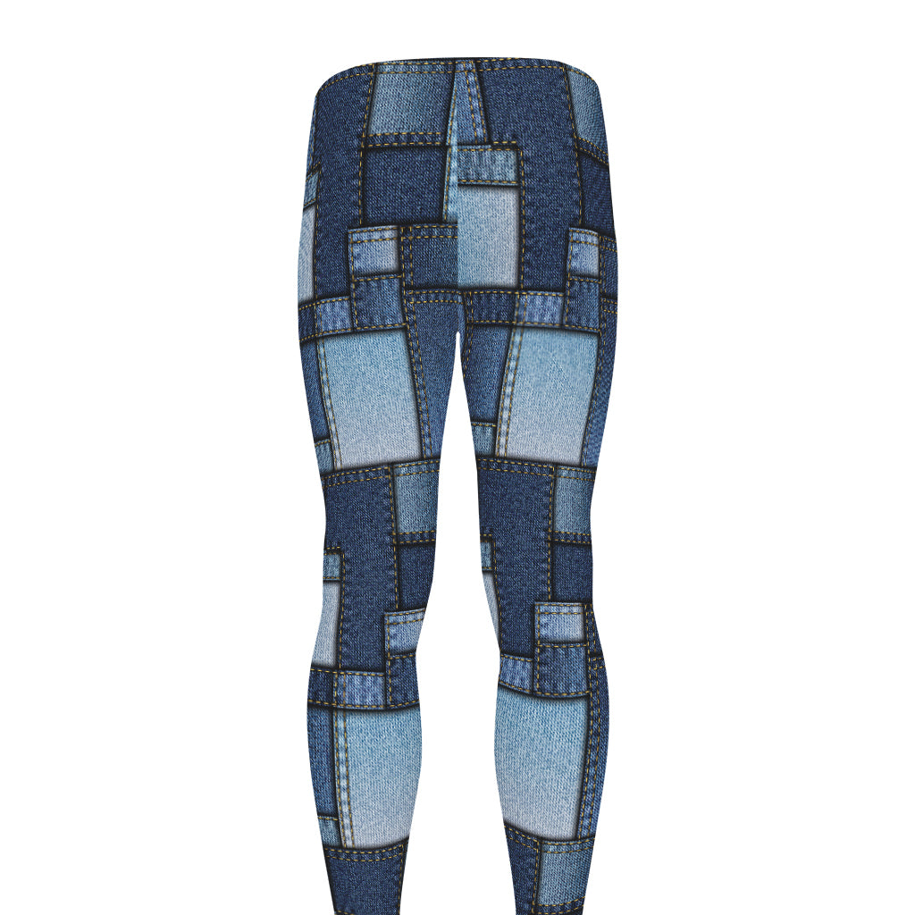 Blue Denim Patchwork Pattern Print Men's leggings