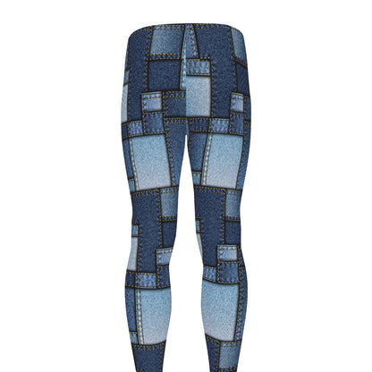 Blue Denim Patchwork Pattern Print Men's leggings