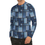 Blue Denim Patchwork Pattern Print Men's Long Sleeve Rash Guard