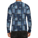 Blue Denim Patchwork Pattern Print Men's Long Sleeve Rash Guard