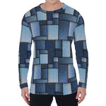 Blue Denim Patchwork Pattern Print Men's Long Sleeve T-Shirt