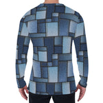 Blue Denim Patchwork Pattern Print Men's Long Sleeve T-Shirt