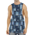 Blue Denim Patchwork Pattern Print Men's Muscle Tank Top