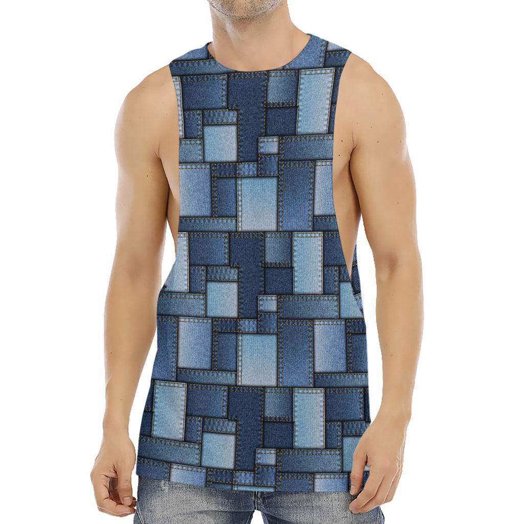 Blue Denim Patchwork Pattern Print Men's Muscle Tank Top