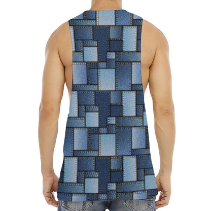 Blue Denim Patchwork Pattern Print Men's Muscle Tank Top