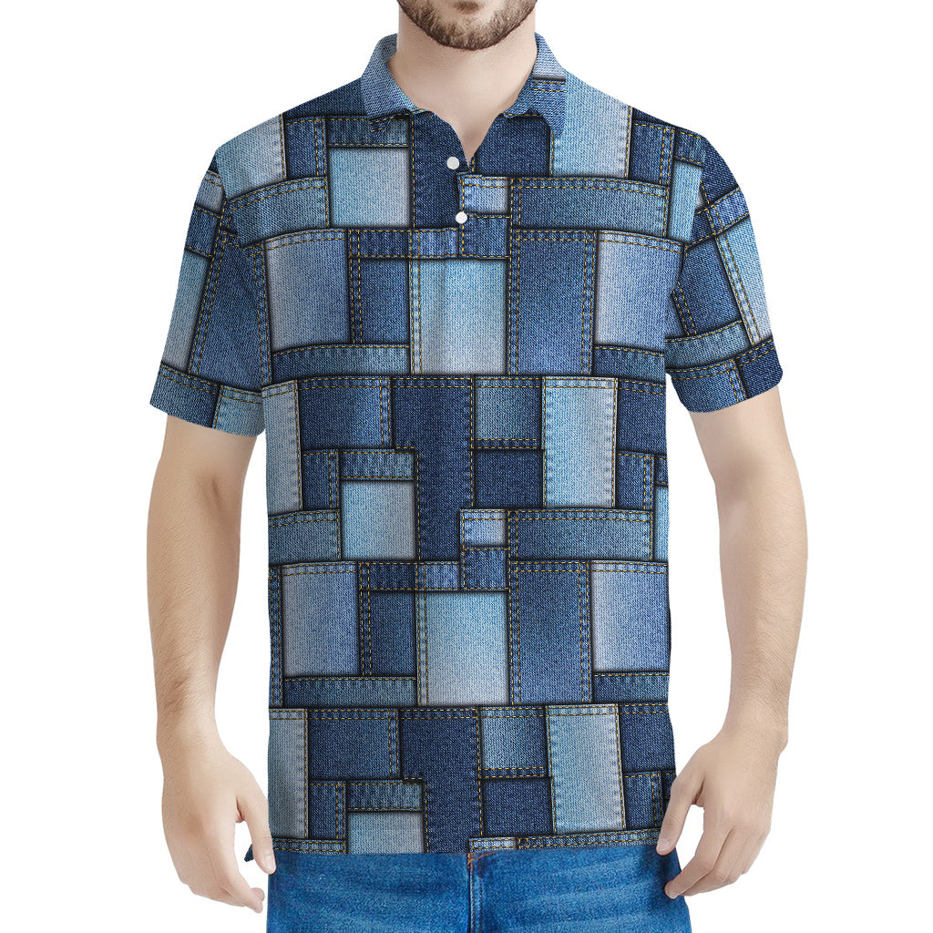 Blue Denim Patchwork Pattern Print Men's Polo Shirt
