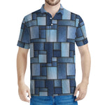Blue Denim Patchwork Pattern Print Men's Polo Shirt
