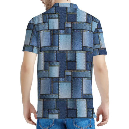 Blue Denim Patchwork Pattern Print Men's Polo Shirt