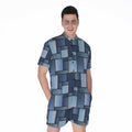 Blue Denim Patchwork Pattern Print Men's Romper