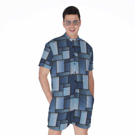 Blue Denim Patchwork Pattern Print Men's Rompers