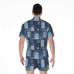 Blue Denim Patchwork Pattern Print Men's Rompers