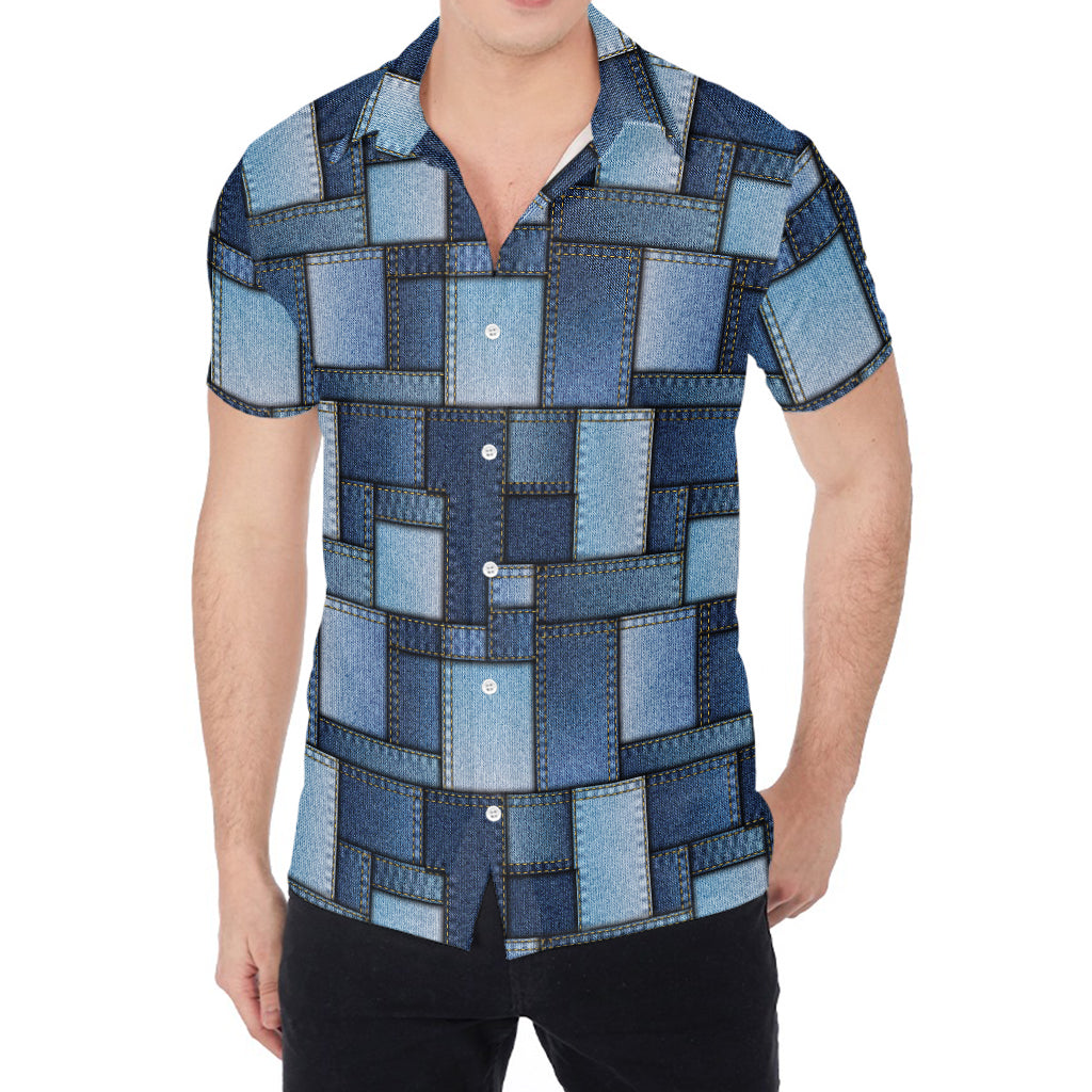 Blue Denim Patchwork Pattern Print Men's Shirt