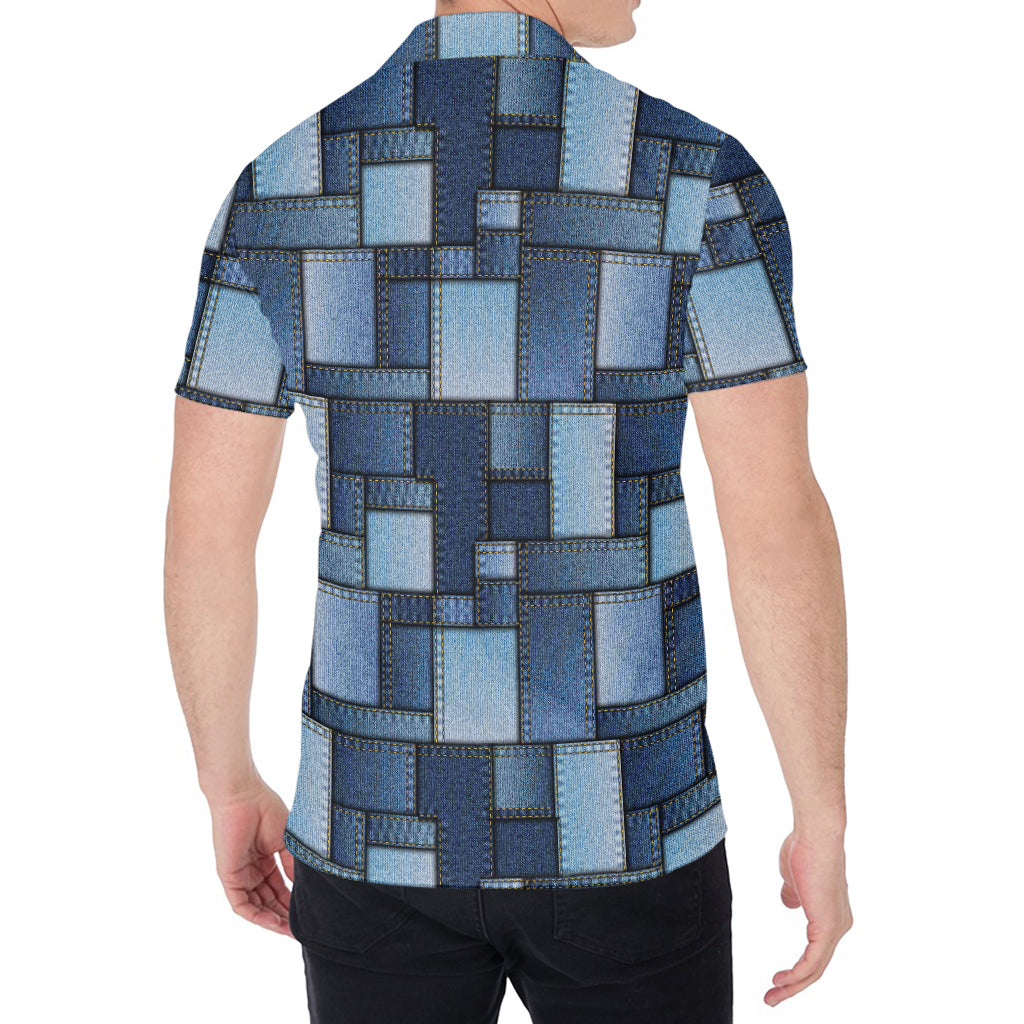 Blue Denim Patchwork Pattern Print Men's Shirt