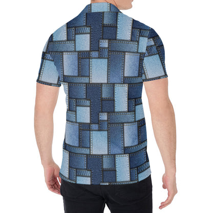 Blue Denim Patchwork Pattern Print Men's Shirt