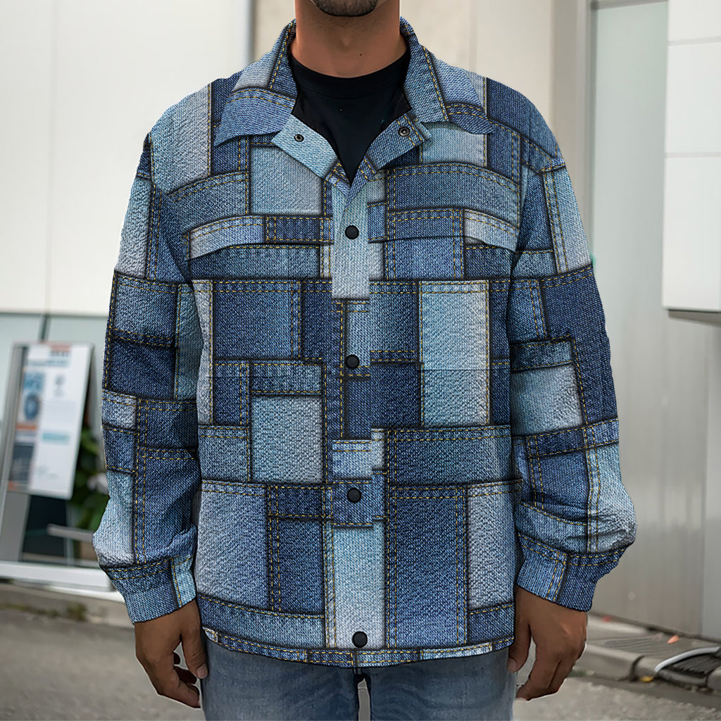 Blue Denim Patchwork Pattern Print Men's Shirt Jacket