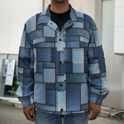 Blue Denim Patchwork Pattern Print Men's Shirt Jacket