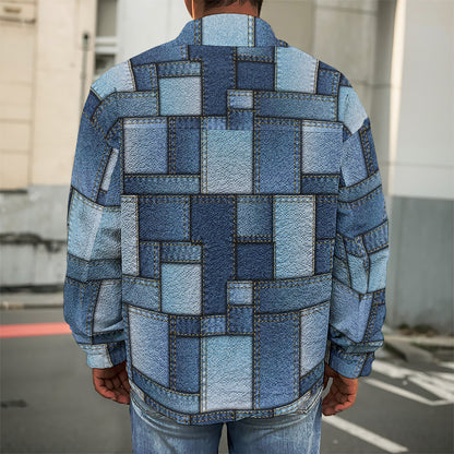 Blue Denim Patchwork Pattern Print Men's Shirt Jacket