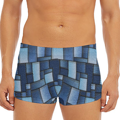 Blue Denim Patchwork Pattern Print Men's Short Boxer Briefs