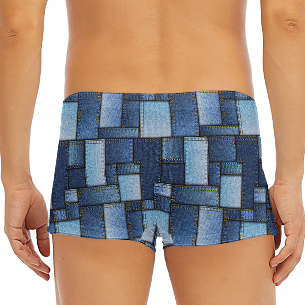 Blue Denim Patchwork Pattern Print Men's Short Boxer Briefs