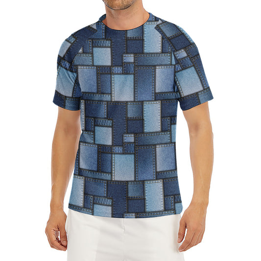 Blue Denim Patchwork Pattern Print Men's Short Sleeve Rash Guard