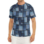 Blue Denim Patchwork Pattern Print Men's Short Sleeve Rash Guard