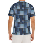 Blue Denim Patchwork Pattern Print Men's Short Sleeve Rash Guard