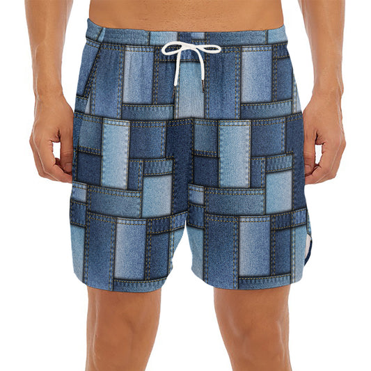 Blue Denim Patchwork Pattern Print Men's Split Running Shorts
