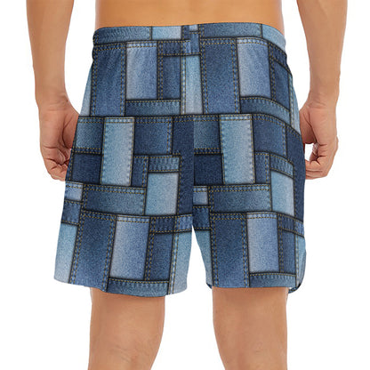 Blue Denim Patchwork Pattern Print Men's Split Running Shorts
