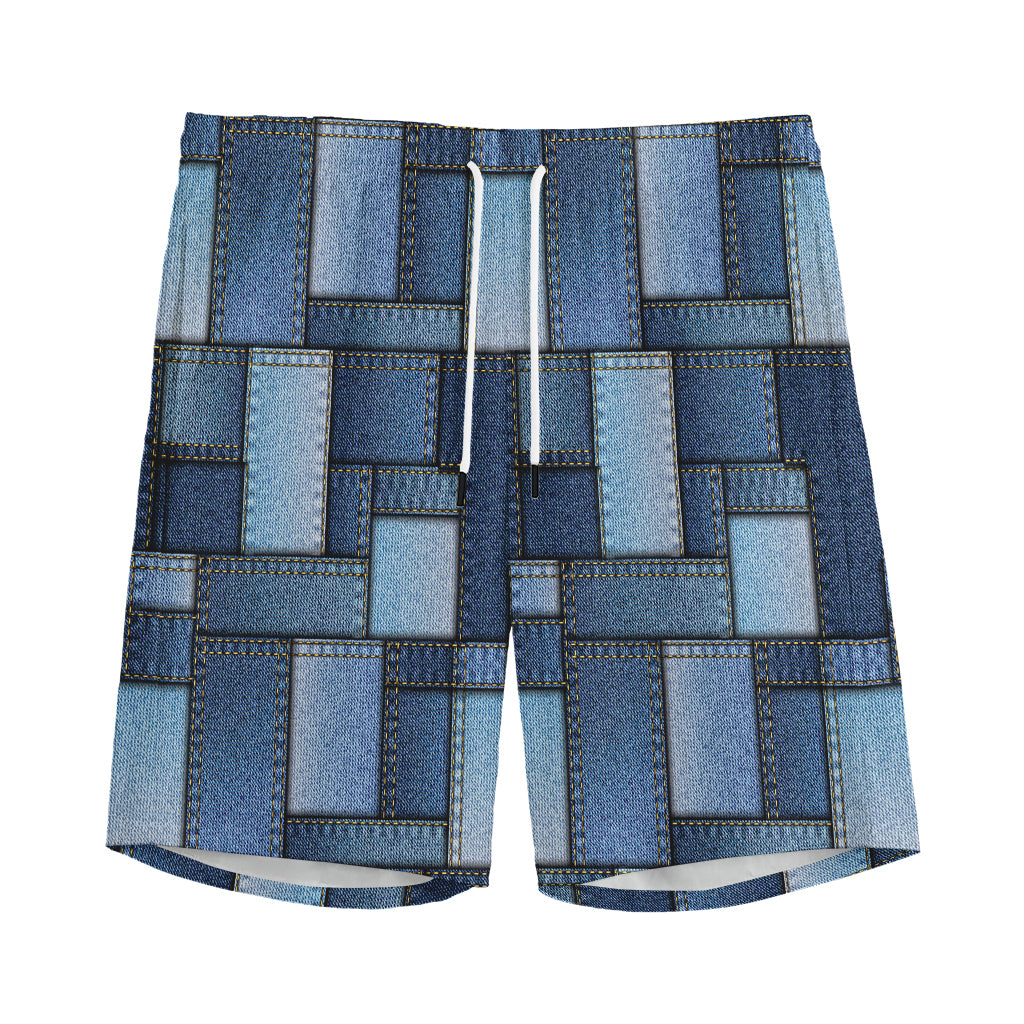Blue Denim Patchwork Pattern Print Men's Sports Shorts