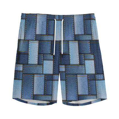 Blue Denim Patchwork Pattern Print Men's Sports Shorts