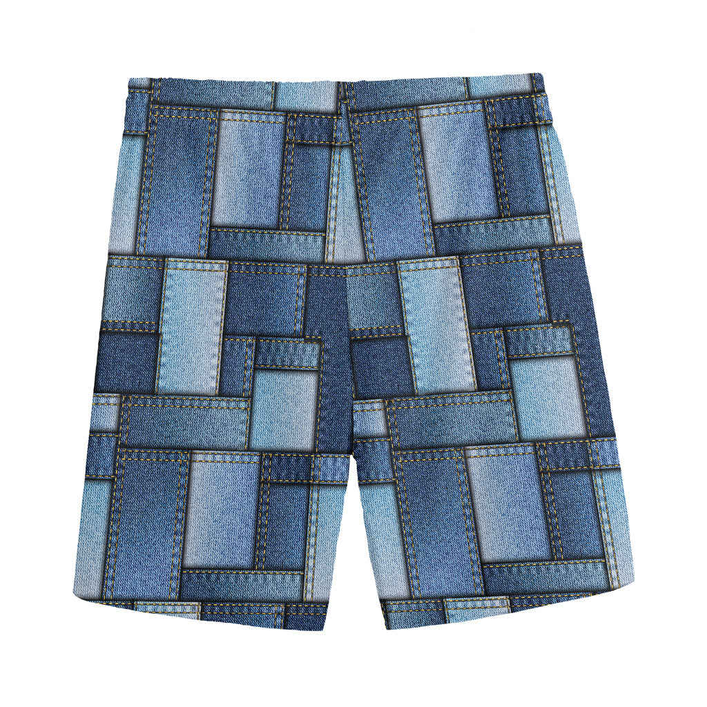 Blue Denim Patchwork Pattern Print Men's Sports Shorts