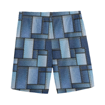 Blue Denim Patchwork Pattern Print Men's Sports Shorts