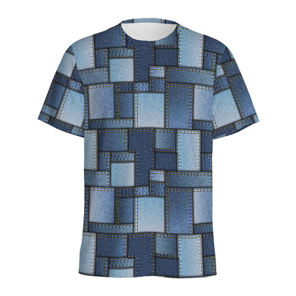 Blue Denim Patchwork Pattern Print Men's Sports T-Shirt