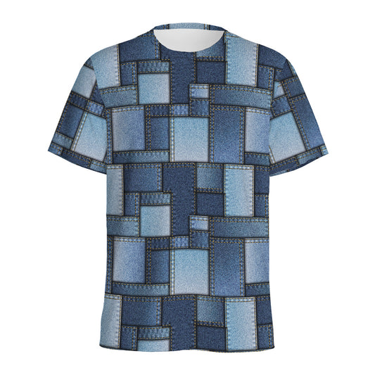 Blue Denim Patchwork Pattern Print Men's Sports T-Shirt